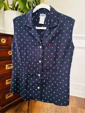 Line Up Golf Navy Sleeveless Button Front Top with Green Dot Print